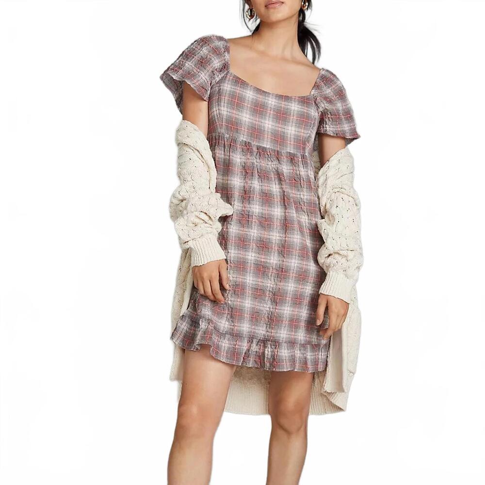 {SOLD} Maeve Anthropologie Grey & Red Plaid Flutter Sleeve Mini Dress Size Small - Picture 1 of 9